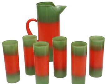 Juego de jarra y vasos Blendo Bermuda, 6 vasos, sandía, MCM, mediados de siglo