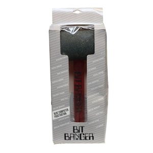 May include: A red foam mallet labeled Bit Banger in a rectangular cardboard box. The packaging features diagonal gray stripes and text including System Purge, Fatal Error, Run Aborted, and Beat Computer Frustration. The mallet has a black foam head.