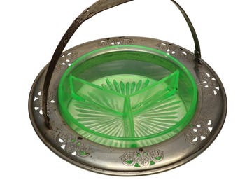 Farberware Vintage Green Glass Uranium Silver And Green Tray With Handle