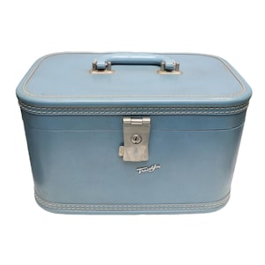 Mala de viagem vintage Travel Joy azul rígida para maquiagem/treinamento, com espelho, sem chave.