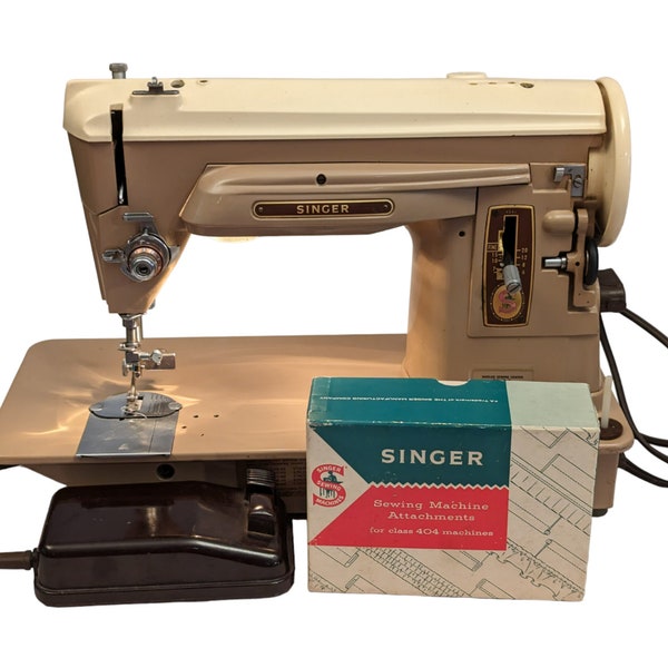 Vintage Singer 404 Slant Needle Sewing Machine w/Pedal & Accessories TESTED WORK