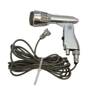 May include: A silver microphone with a coiled cord and a switch on the side. The microphone has a chrome finish and a black grille.
