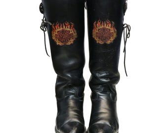 Harley Davidson Vintage USA Black Leather Motorcycle Boots Embroidered Flames