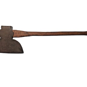 May include: A vintage axe with a dark, weathered steel head and a long, wooden handle. The axe head has a curved blade and a rectangular top. The handle is a rich brown color, showing signs of age and use. The axe is set against a white background.