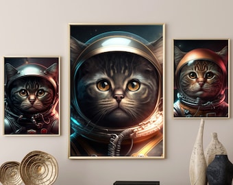 Set of 3 cute space cat, WALL ART PRINT, Cat in space suit, Cosmic kitty, Astronaut cat in space, Space exploring, Astronomy, Galactic cat