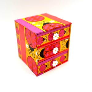 Handmade Vintage Ladybug Flower Power Orange Yellow Paper Wood Jewelry Box 3 Drawers / Retro 60s Hippie Boho Floral Trinket Bedroom Decor
