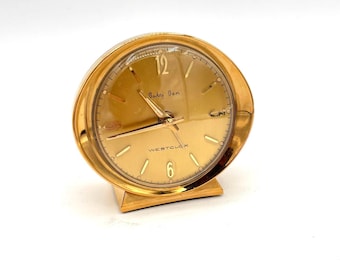 Vintage MCM Westclox Baby Ben Alarm Clock Gold Face Wind Up 24 kt / Retro Mid Century Bedside Night Stand Dresser Shelf Clock Fun Home Decor