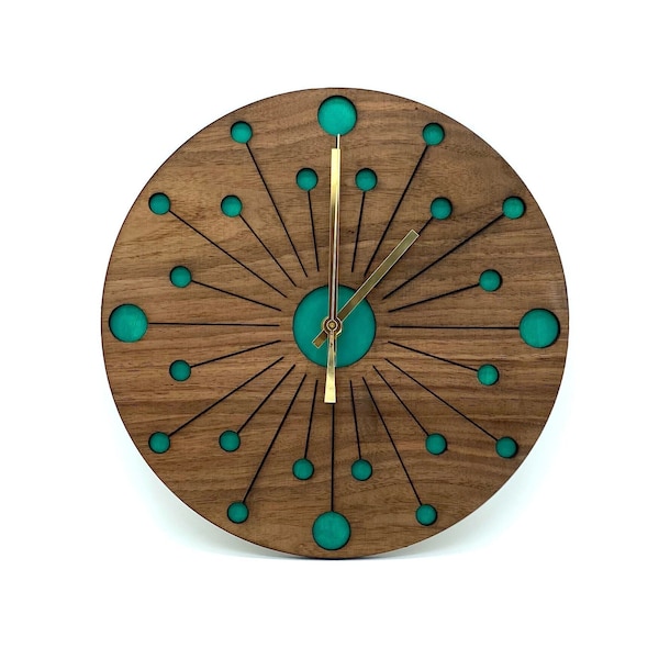 Handmade Atomic Starburst Teal Dandelion Modern Wood Walnut Wall Clock / Mid Century Retro Unique Geometric Living Room Round Mantle Clock