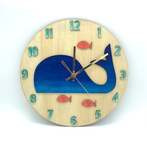 Blue Whale and Fish Wood Wall Clock with Numbers / Nautical Coastal Beach House Decor / Sea Animal Art Bedroom Baby Nursery Ocean Theme