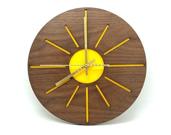 Yellow Sunshine Sunburst Handmade Walnut Wood Wall Clock / Minimalist Mid Century Modern Sundial Decor / Large Fun Playful Clock Beach House