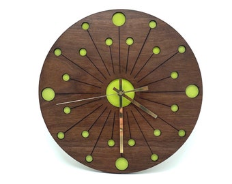 MCM Dandelion Atomic Starburst Geometric Circle Green Modern Walnut Wall Clock / Handmade Mid Century Retro Living Room Round Mantle Clock