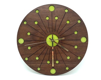 Dandelion Atomic Starburst Geometric Circle Avocado Green Modern Walnut Wall Clock / Unique Mid Century Retro Living Room Round Mantle Clock