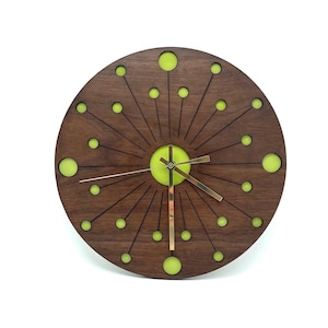 MCM Dandelion Atomic Starburst Geometric Circle Green Modern Walnut Wall Clock / Handmade Mid Century Retro Living Room Round Mantle Clock