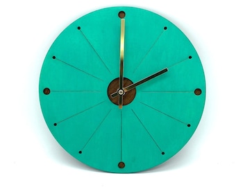 Turquoise Atomic Starburst Walnut Wall Clock / Retro 50s Geometric Sunburst Handmade Wood Clock Home Decor