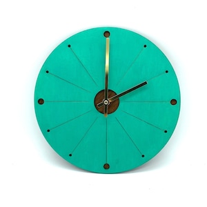 Turquoise Atomic Starburst Walnut Wall Clock / Retro 50s Geometric Sunburst Handmade Wood Clock Home Decor