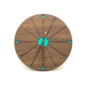 Large Atomic Starburst Clock, Modern Wall Clock, Walnut Wood Clock, Mid Century Wall Clock