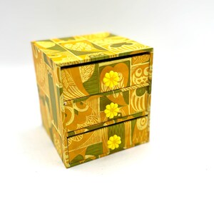 Handmade Vintage Yellow and Green Owl Paper Wood Jewelry Box 3 Drawers / Retro 60s Hippie Boho Floral Trinket Bedroom Decor