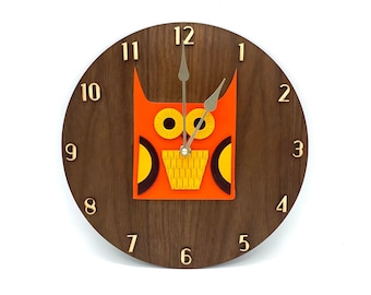 Vintage Orange Owl Bird Numbers Modern Walnut Wall Clock / Funky Bright Retro 60s 70s Kitchen Decor / Handmade Hand Painted Unique Clock