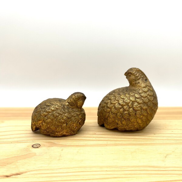 Vintage Gold Cast Iron Quail Figurines / Mid Century Modern Brass Bird Mantle Decor / Metal Patina Partridge