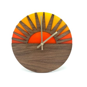 Sahara Desert Sunrise Walnut Wood Wall Clock / Africa Orange Sunset Sunray Exotic Living Room Decor / Unique Handcrafted Sun Sky Clock