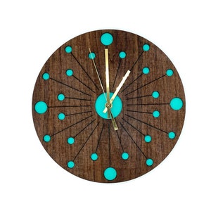 Dandelion Turquoise Geometric Starburst Atomic Circle Modern Walnut Wall Clock / Mid Century Retro Unique Living Room Round Mantle Clock