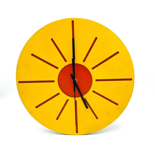 Vintage Retro Yellow Orange Sun Colorblock Wood Wall Clock Handmade / Geometric Bright Sunshine Rays Mid Century Modern Style Decor