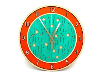 Vintage Turquoise Diamond Stripes Starburst Atomic Style Circle Modern Orange Wall Clock / Mid Century Retro Unique Living Room Round Clock