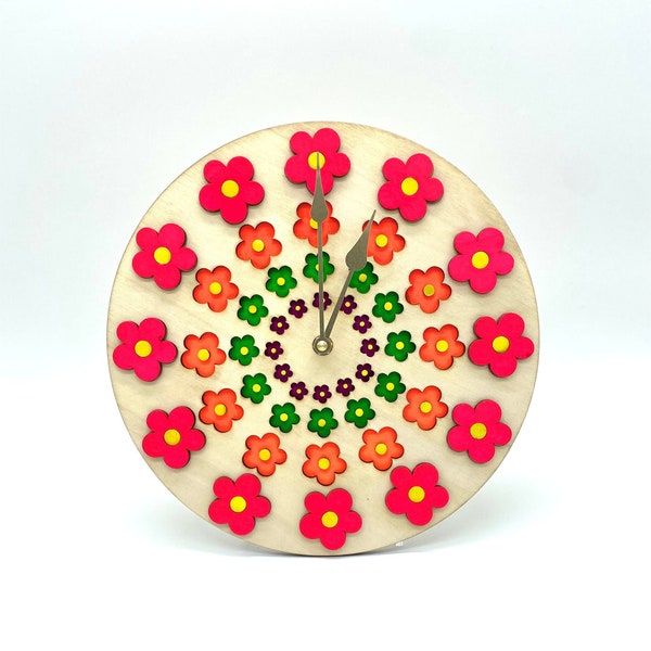 Fluorescent Neon Flower Power Retro 60s Wood Wall Clock / Groovy Funky Bright Daisy Hippie Decor