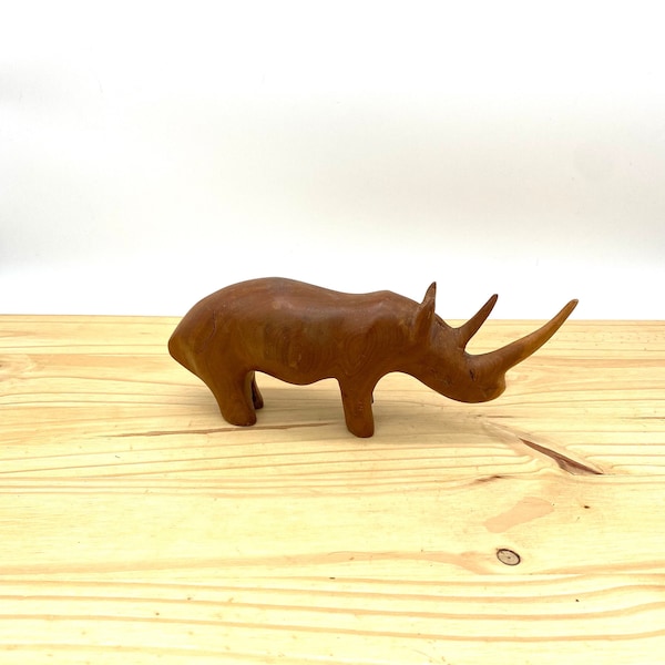 Vintage Africa Kenya Hand Carved Rhinoceros Sculpture Figurine / Retro Wooden Carving Rhino Office Living Room Library Decor
