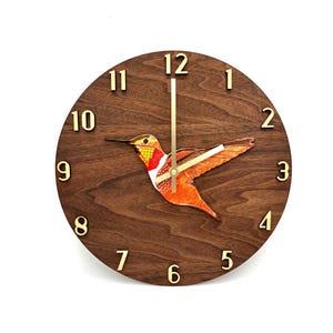 Vintage Orange Red Roufus Hummingbird Modern Walnut Silent Wall Clock with Numbers / Handmade Hand Painted Wall Hanging Garden Bird Decor