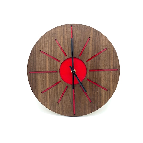 Modern Red Sun Walnut Wood Wall Clock / Minimalist Sun Ray Quiet Handmade Living Room Decor / Hippie Boho Sky Hanging Clock