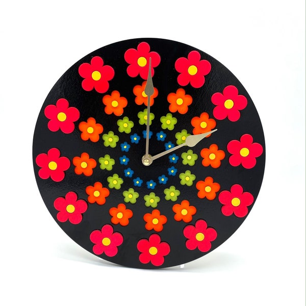 Handmade Flower Power Retro 60s Groovy Psychedelic Neon Wood Wall Clock / Unique Bright Rainbow Floral Daisies Statement Wooden Decor