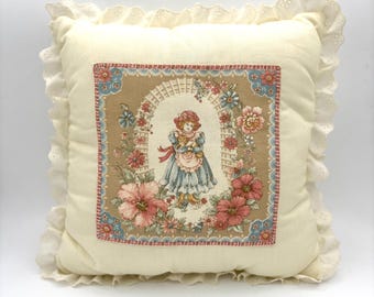 Vintage Victorian Girl Appliqué White Ruffle Lace Throw Pillow Cottagecore / Unique Handmade Floral Print Home Decor