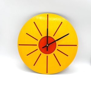 Vintage Retro Yellow Orange Sun Colorblock Wood Wall Clock Handmade / Geometric Bright Sunshine Rays Mid Century Modern Style Decor