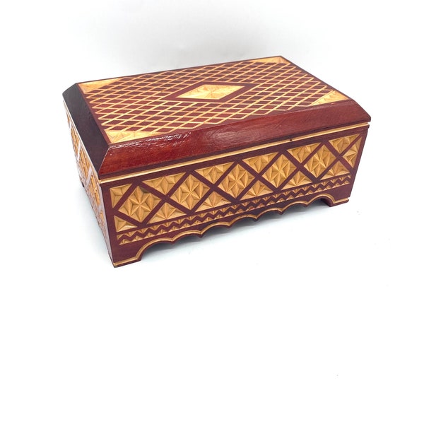 Vintage 60s Red Wooden Carving Handmade Ukrainian 3D Diamond Pattern Jewelry Trinket Box / Retro Unique Mid Century Dresser Vanity Decor
