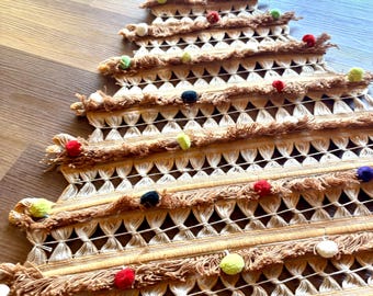 Vintage 70s Collectible Macrame Christmas Tree Colorful Pom Poms / Retro Holiday Wall Hanging Unique Better Homes Decor