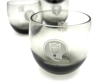 Vintage Smokey Grey Oakland Raiders Drinkinb Glasses Roly Poly Round Pair / Mid Century Modern MCM Cocktail Glasses Barware Liquor