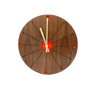Orange Atomic Starburst Clock, Modern Wall Clock, Geometric Clock, Retro 50s Decor, Walnut Wall Clock, Mid Century Modern Decor