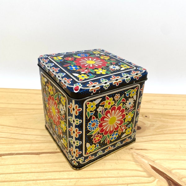 Vintage Retro Collectible Daher Square Colorful Embossed Flower Power Metal Tin / Gold Brass Floral Tea Container Made in England