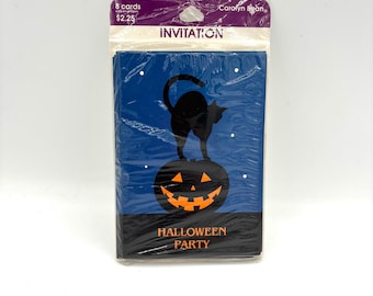 Inviti vintage per feste di Halloween con zucche e gatti neri / Inviti per eventi in costume anni '90 "Dolcetto o scherzetto" / Biglietti retrò con zucche arancioni