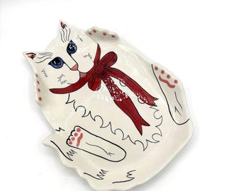 Vintage White Ceramic Cat Shape Platter Tray Cats by Nina Persian Angora / Retro Kitty Fun Party Host Appetizer Dish Kitchenware Decor