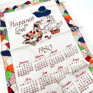 Vintage Patchwork Granny Cottagecore Cat Linen Napkin Tea Towel 1980 Calendar / Retro Floral Print Wall Hanging Decor Kitchenware