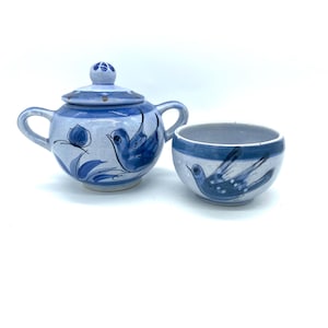 Vintage Mexico Talavera Pottery Blue Handpainted Bird Stoneware Coffee Creamer Sugar Set / Unique Kitchen Decor Teatime Beverage Drinkware