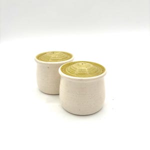 May include: Two ceramic salt and pepper shakers with a speckled off-white body and a rounded, olive-green lid. Each shaker features a small hole at the centre of the lid and a cylindrical shape with a slightly flared rim at the top edge.
