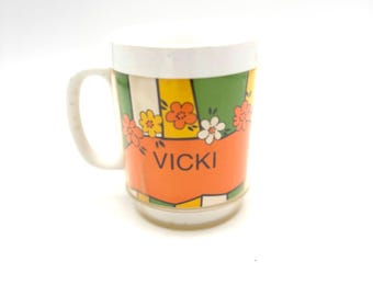 Vintage White Plastic Coffee Mug Vicki Yellow Orange Flower Power Print / Retro Cup Gift Stocking Stuffer RV Trailer Camping