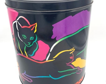 Vintage 80s 90s Black Electric Neon Iams Cat Food Large Canister Tin / Retro Tall Container Kitten Print Promo Storage Container