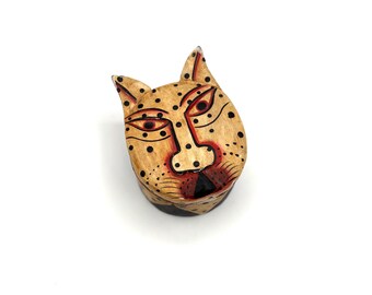 Scatola portagioie vintage in legno intagliato e dipinto a mano con motivo a pois e gatto soriano grassoccio / Piccolo regalo retrò per amanti dei gatti, decorazione per la casa