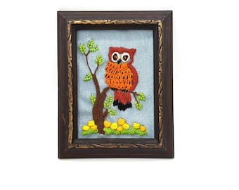 Vintage Adorable Orange Owl Crewel Needlepoint Framed Art / Handmade Hand Cross Stitched Floral Print Wall Hanging Decor