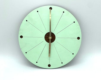 Mint Atomic Starburst Sunburst Retro 50s Walnut Wood Wall Clock, Geometric Circles Minimalist Mid Century Modern Decor