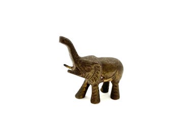 Vintage Adorable Brass Gold Lucky Elephant Trunk Up Figurine / Retro Elephant Shelf Sitter Collectible Decor